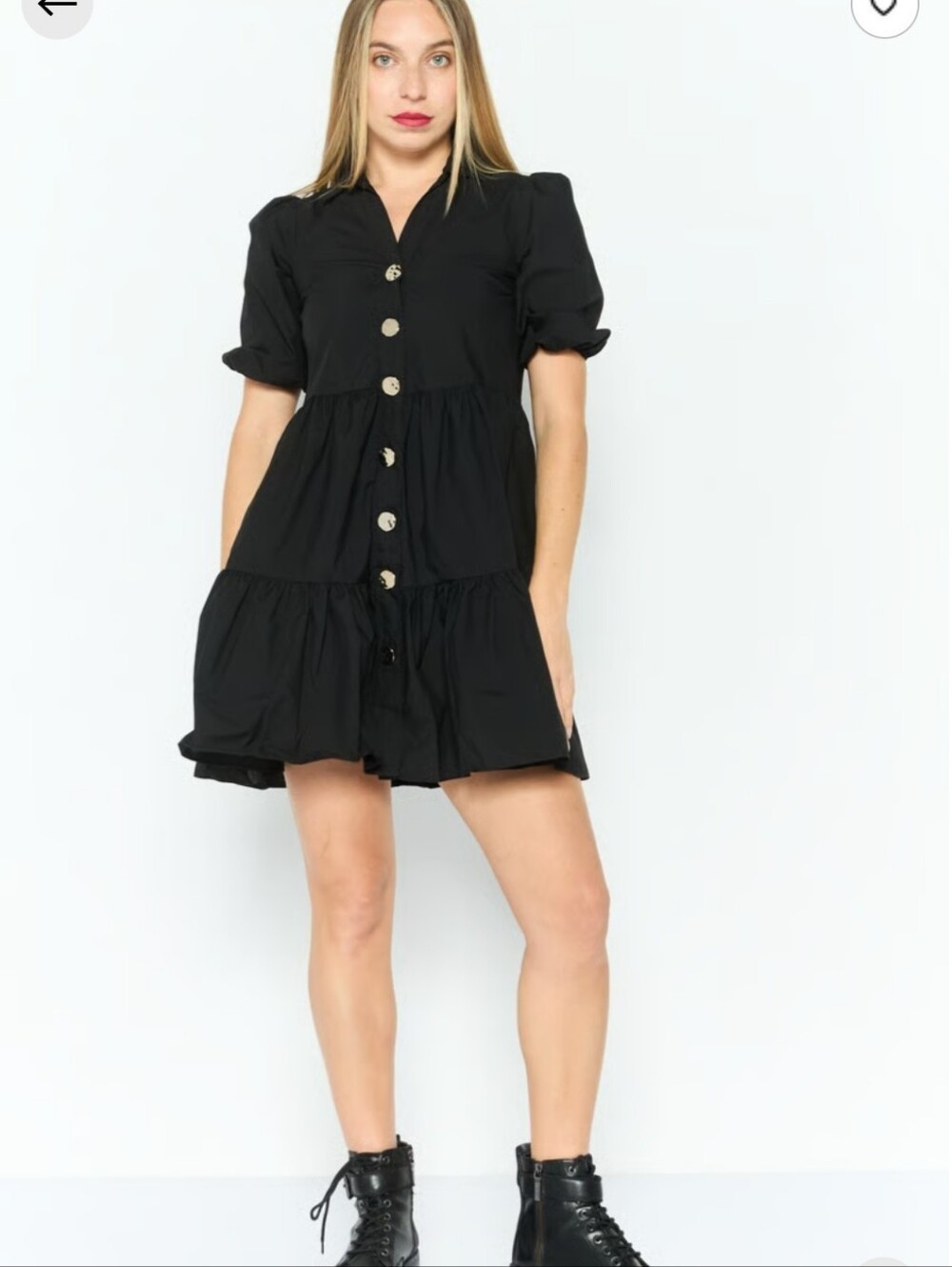 River Island Plus Black Tiered Puff Sleeve Shirt Dress US 6 Hammered Buttons